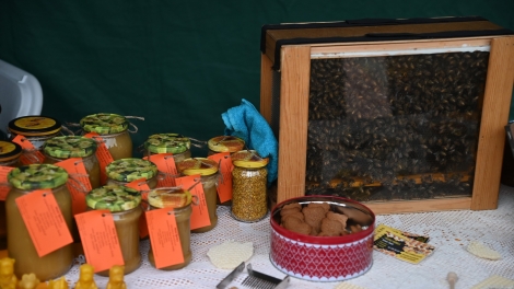 
                                        Na stole leżą słoiki z miodem obok stoi mała skrzynka, w której znajdują się pszczoły                                        