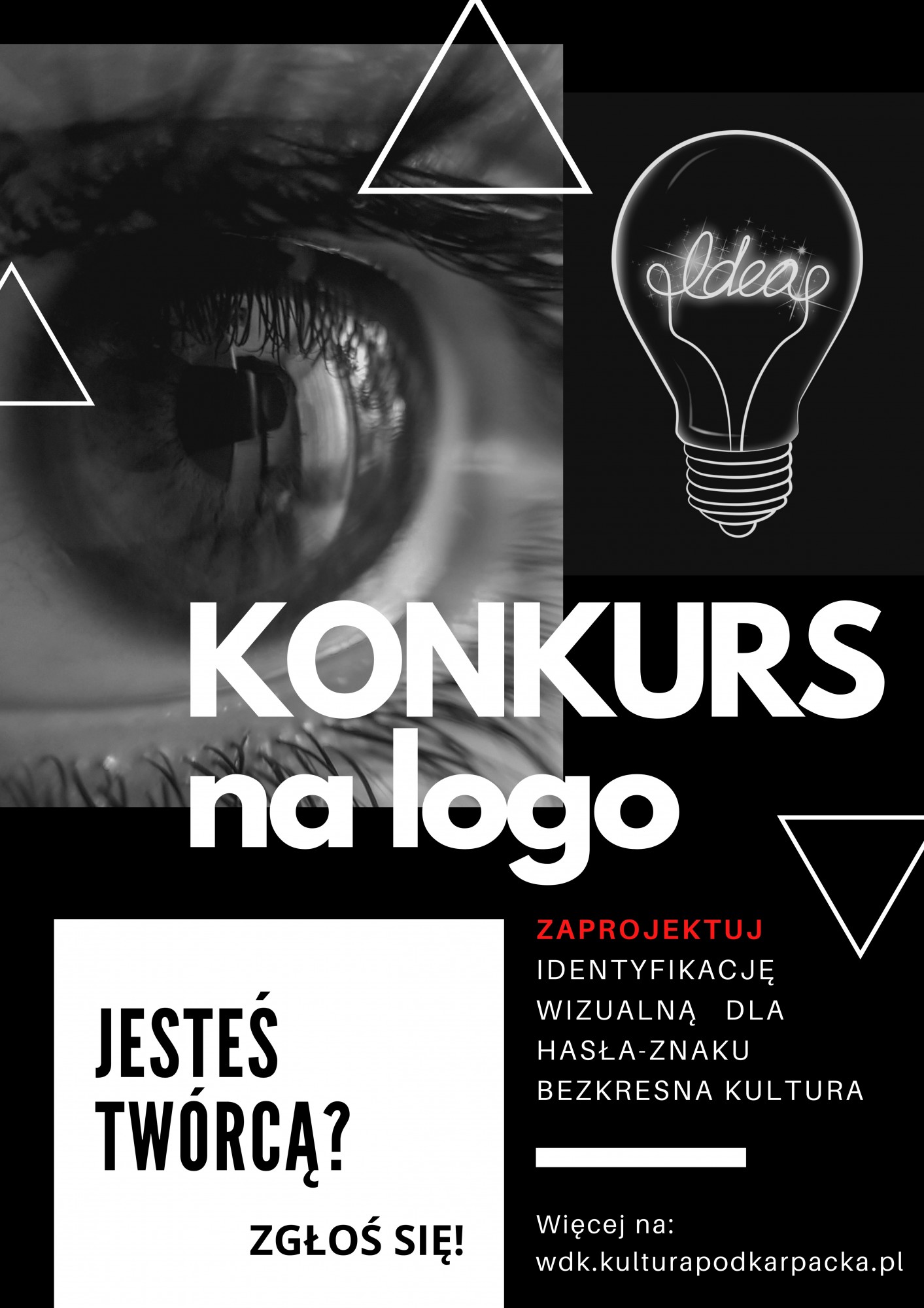 Plakat informujący o konkursie na zaprojektowanie logotypu i identyfikacji wizualnej hasła - marki Bezkresna Kultura